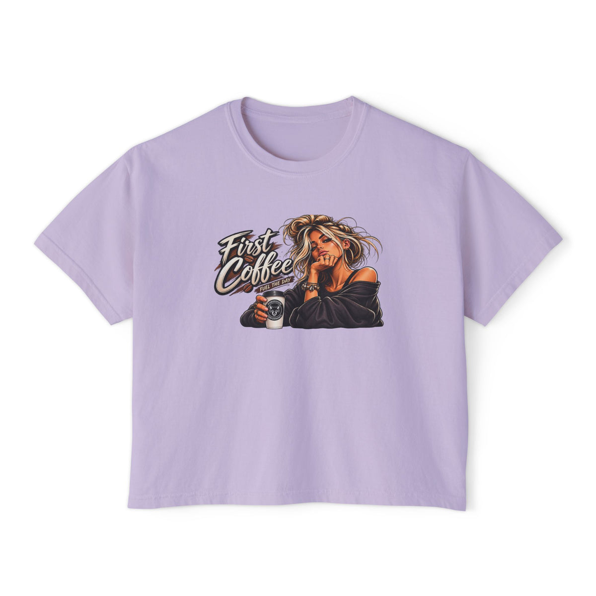 Women's Boxy Tee - "First Coffee" Graphic Crop Tee for Coffee Lovers