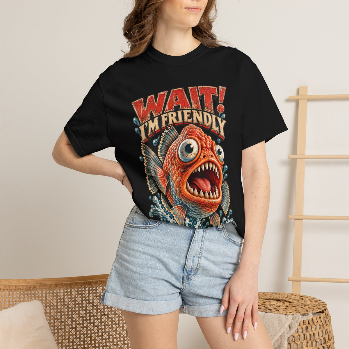 Wait I'm Friendly Fish Tee - Vintage Piranha Graphic T-Shirt