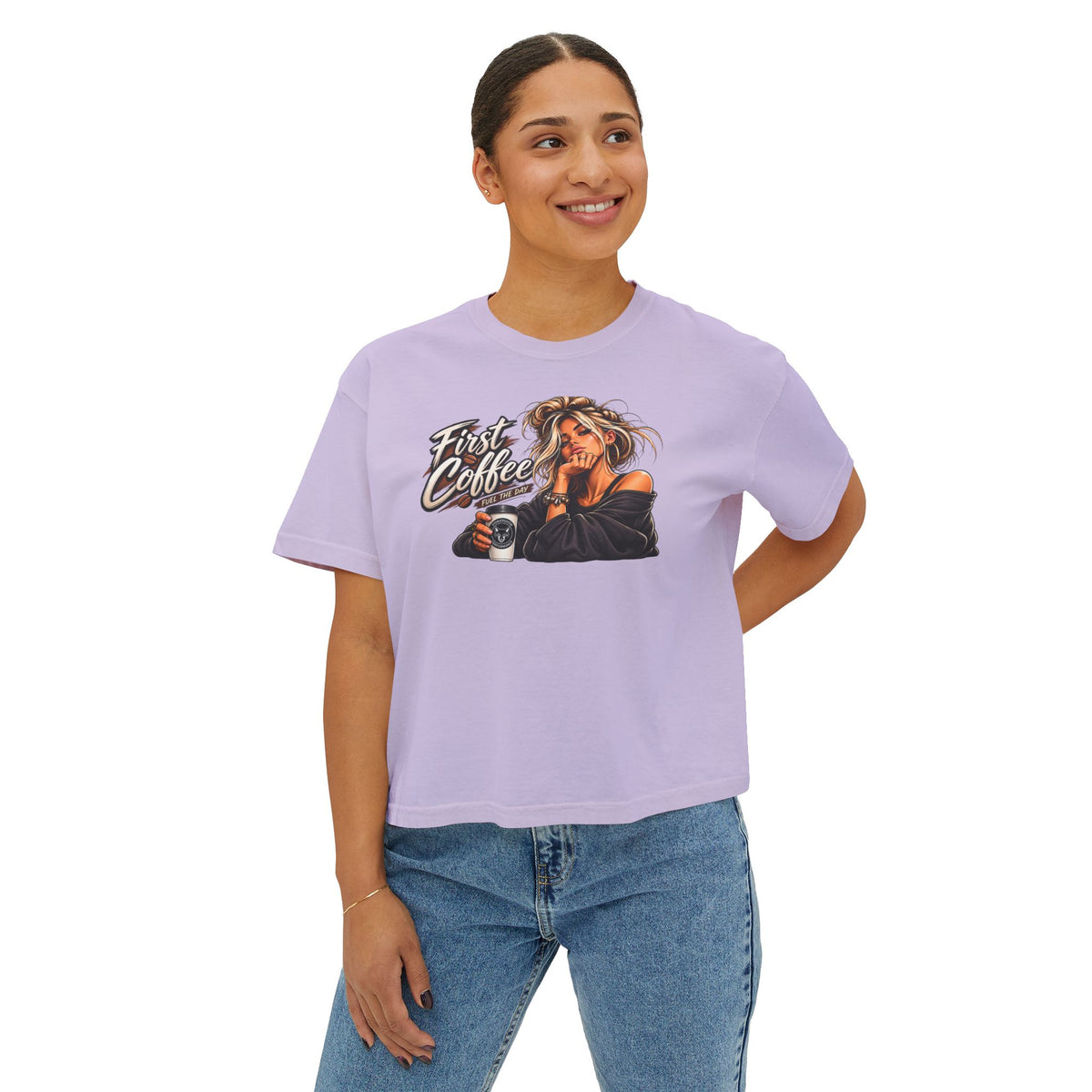 First Coffee Graphic Tee — Women's Boxy Tee