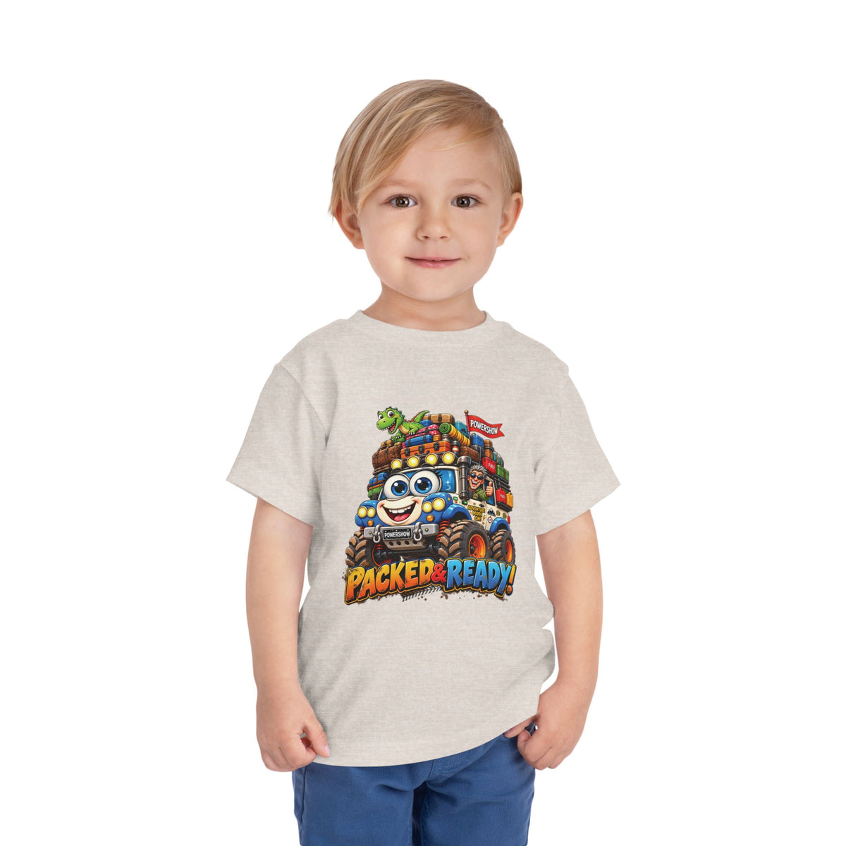 Toddler Tee — 'Packed & Ready' Cartoon Monster Truck Travel Shirt
