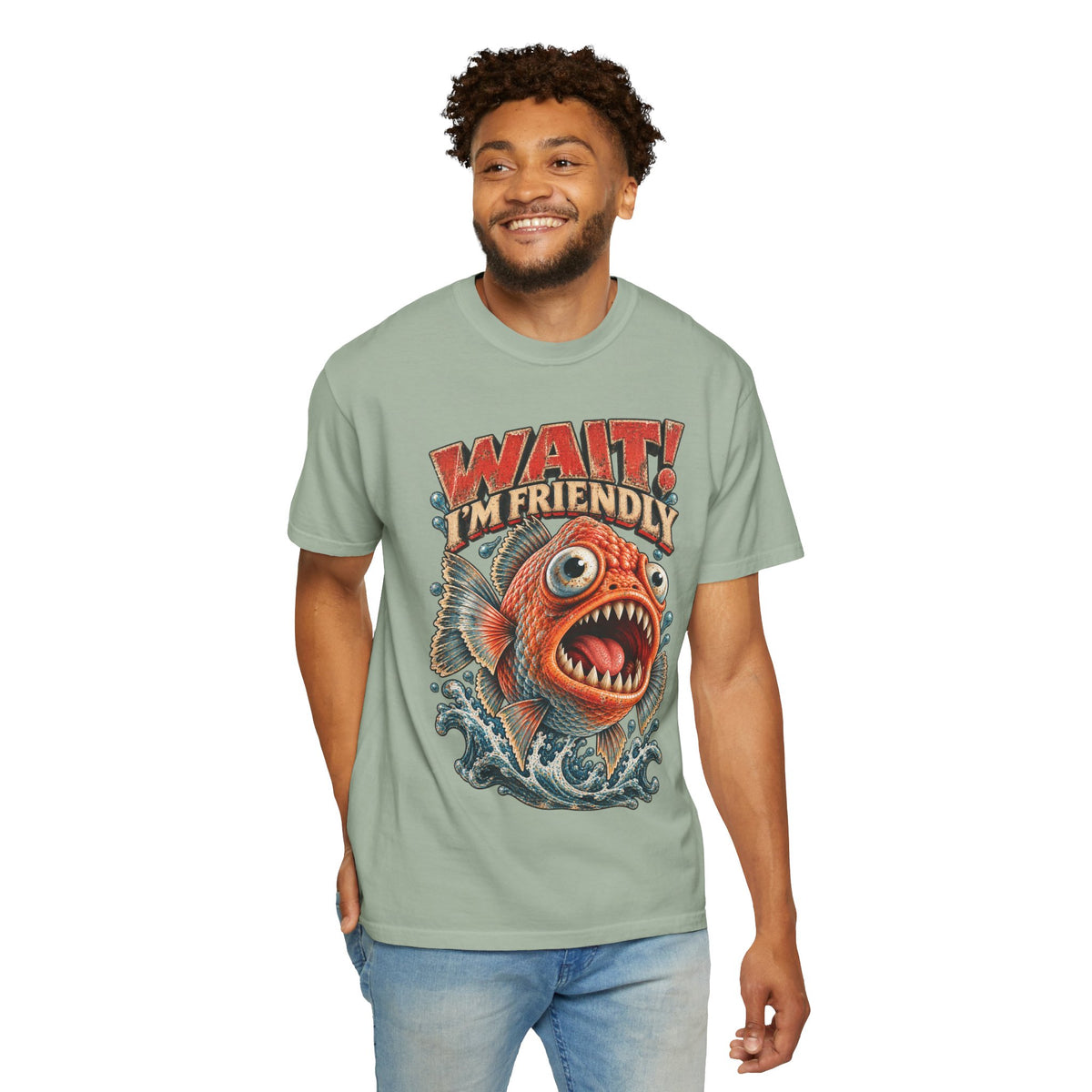 Wait I'm Friendly Fish Tee - Vintage Piranha Graphic T-Shirt