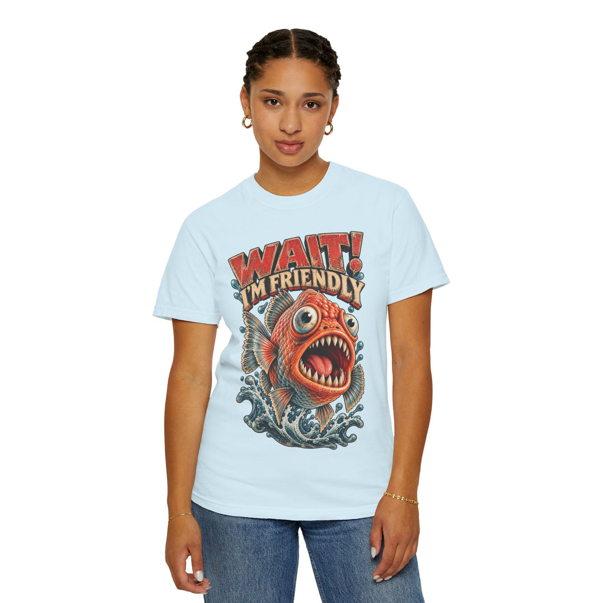 Wait I'm Friendly Fish Tee - Vintage Piranha Graphic T-Shirt