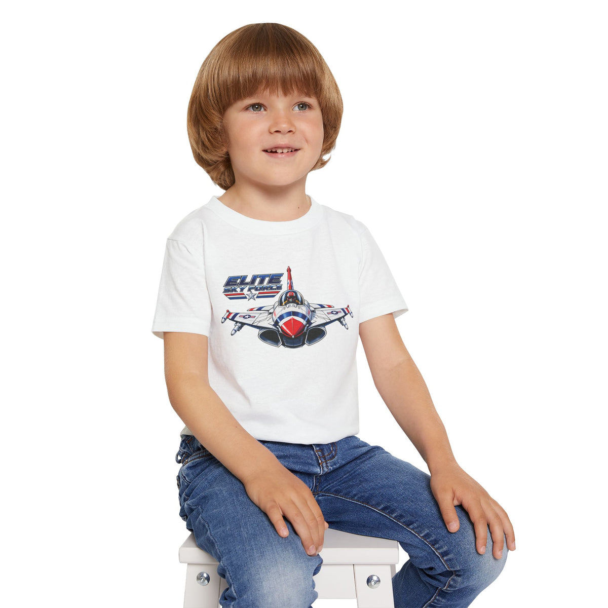 Toddler T‑Shirt — Vintage Jet Fighter Graphic (Patriotic Red, White & Blue)