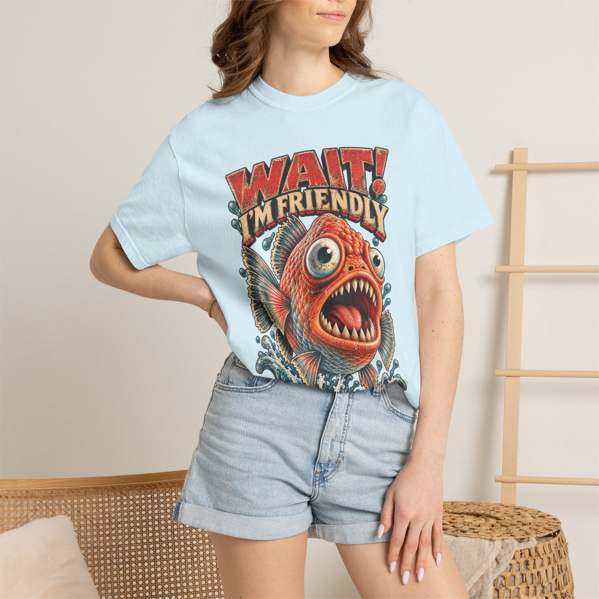 Wait I'm Friendly Fish Tee - Vintage Piranha Graphic T-Shirt