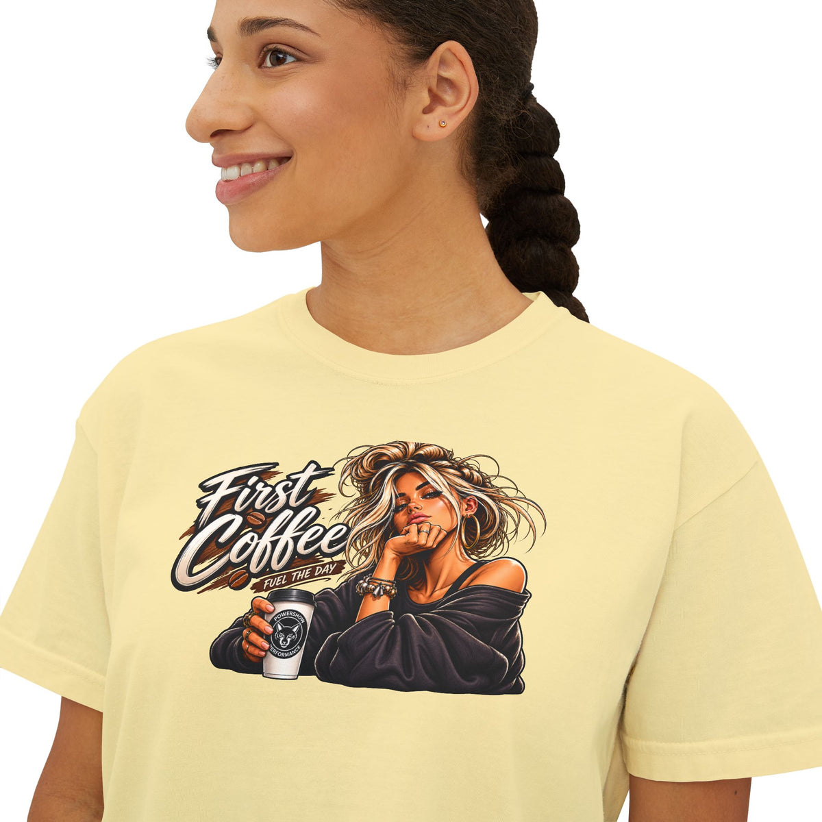First Coffee Graphic Tee — Women's Boxy Tee