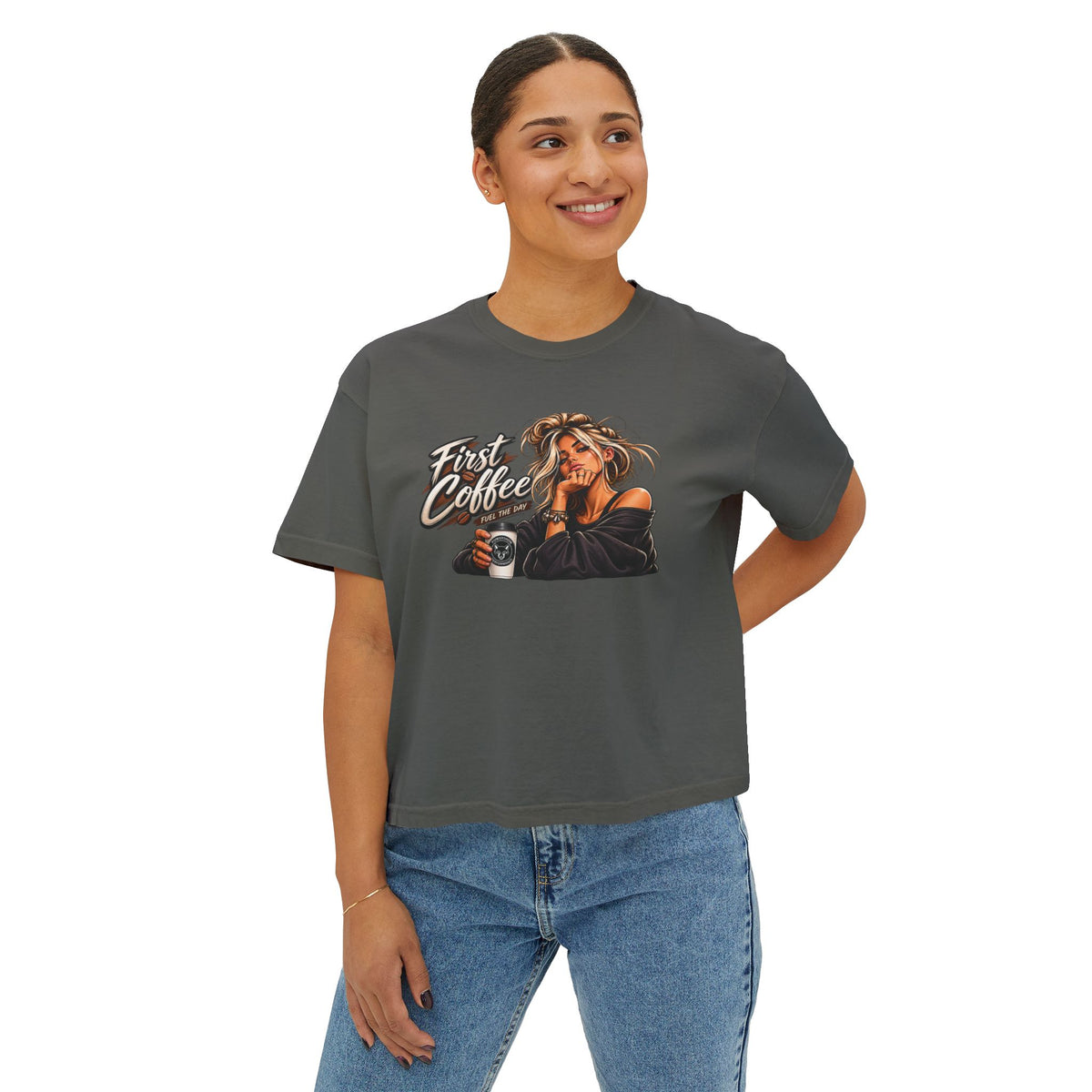 Women's Boxy Tee - "First Coffee" Graphic Crop Tee for Coffee Lovers