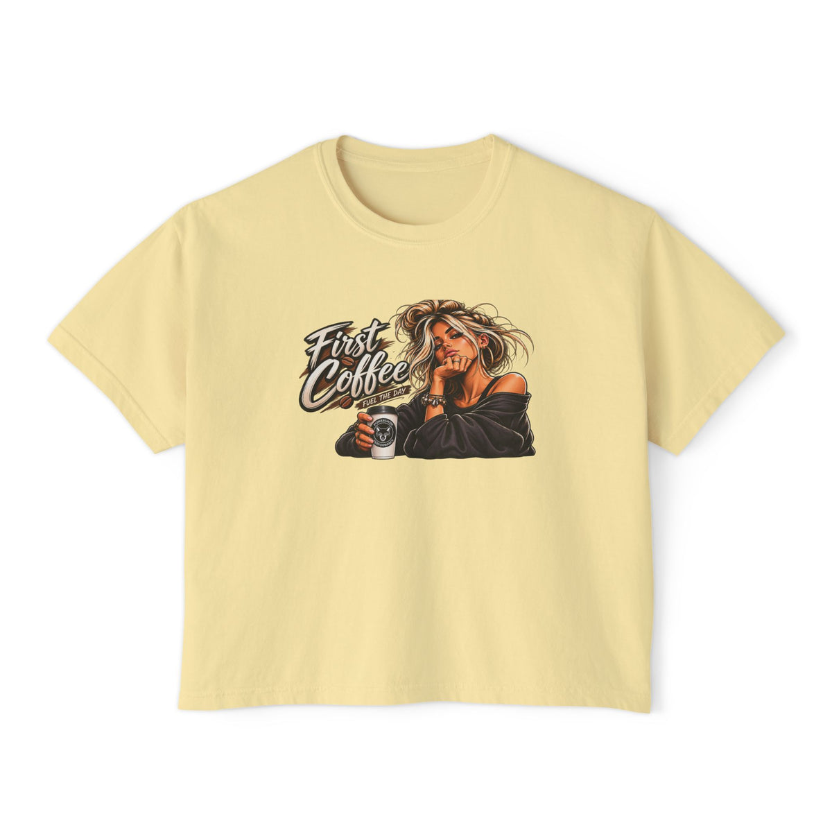 Women's Boxy Tee - "First Coffee" Graphic Crop Tee for Coffee Lovers