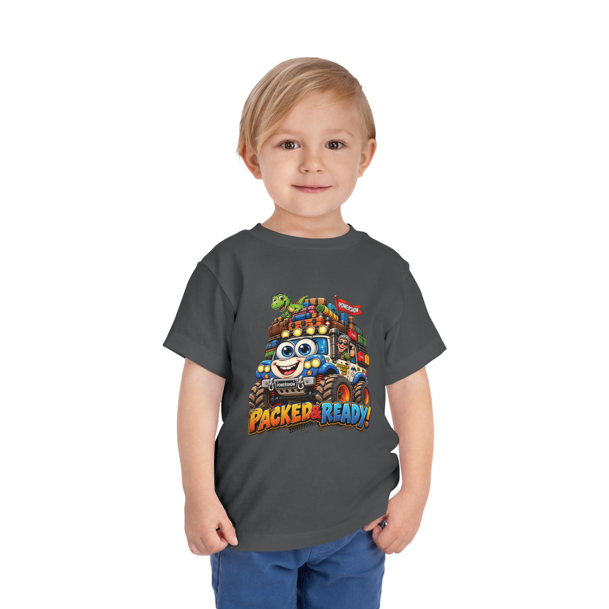 Toddler Tee — 'Packed & Ready' Cartoon Monster Truck Travel Shirt