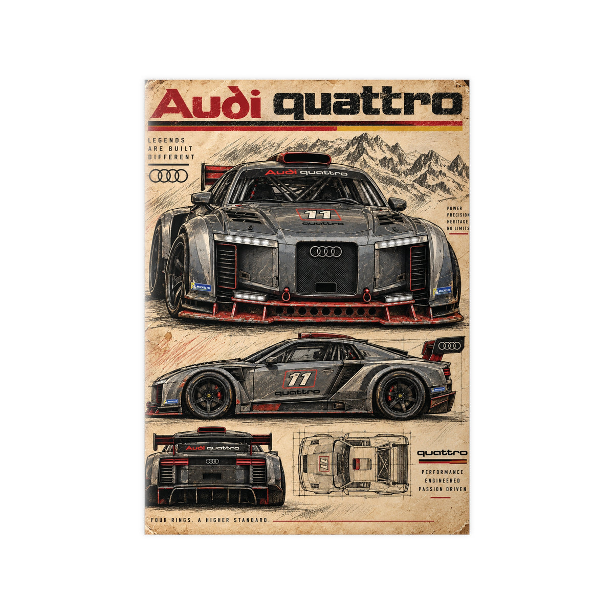 Audi Quattro Concept Racing Car Photopaper Poster | Retro Blueprint Automotive Print
