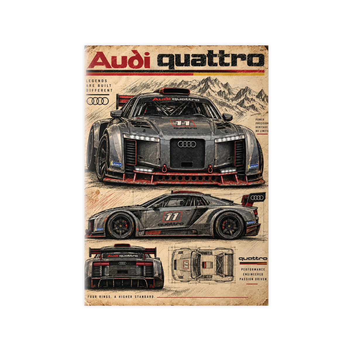 Audi Quattro Concept Racing Car Photopaper Poster | Retro Blueprint Automotive Print