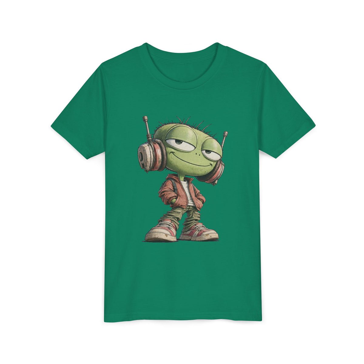 Youth Tee — Cool Green Dude with Headphones Graphic