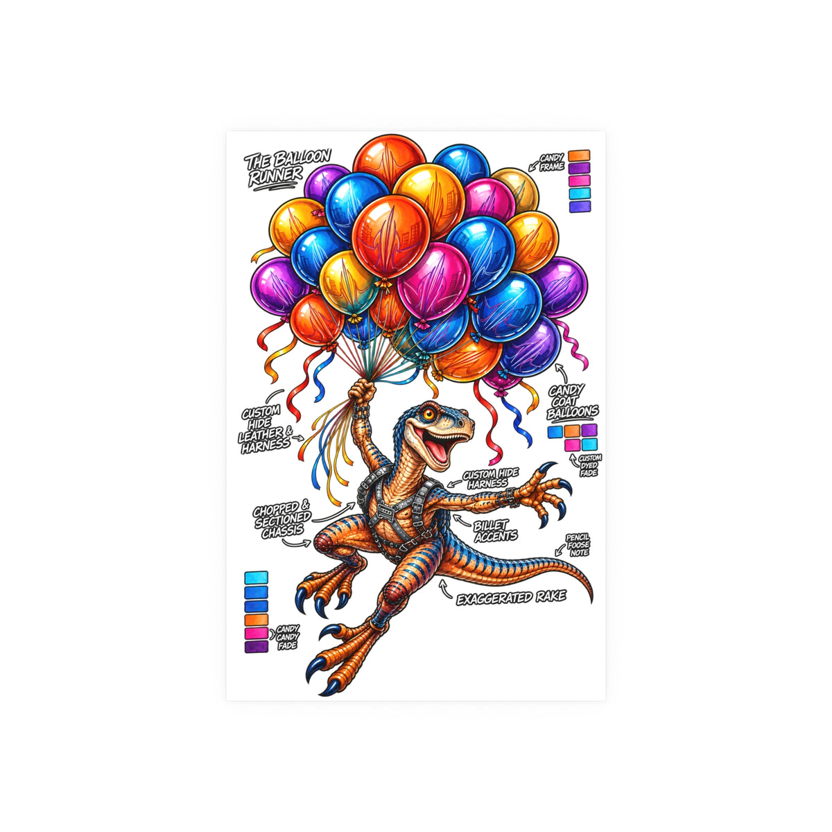 The Balloon Runner | Colorful Raptor & Balloon Graphic Art