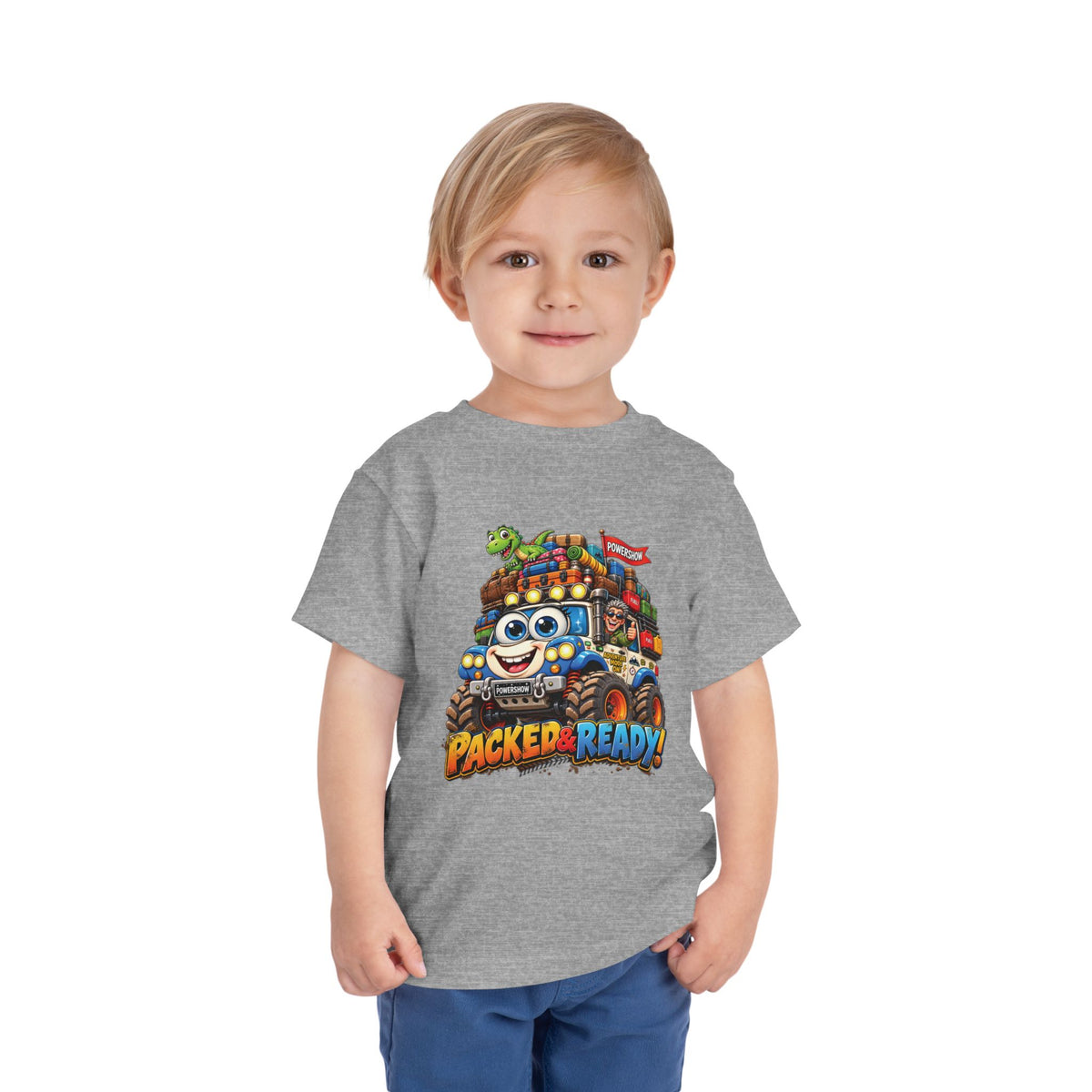 Toddler Tee — 'Packed & Ready' Cartoon Monster Truck Travel Shirt