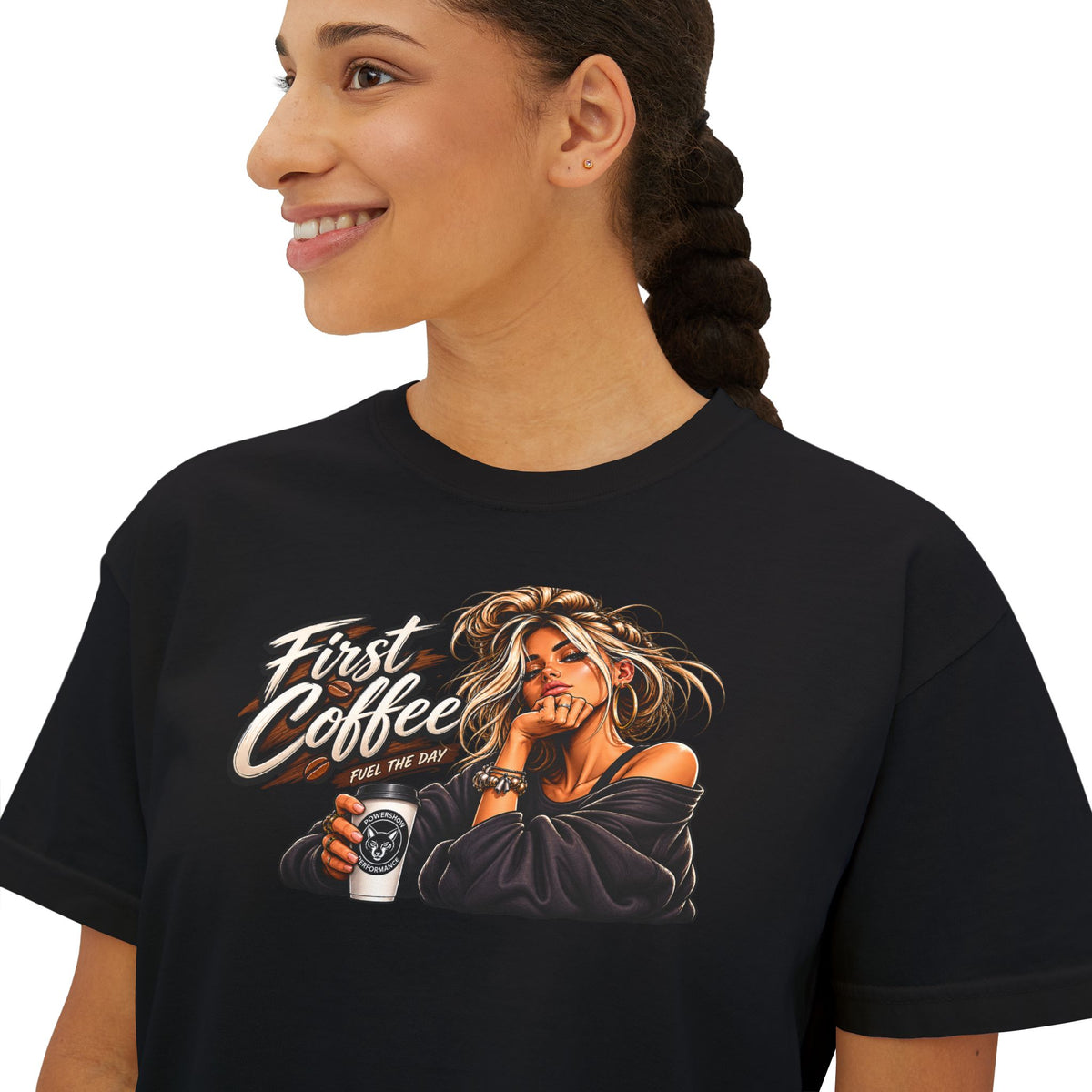 First Coffee Graphic Tee — Women's Boxy Tee