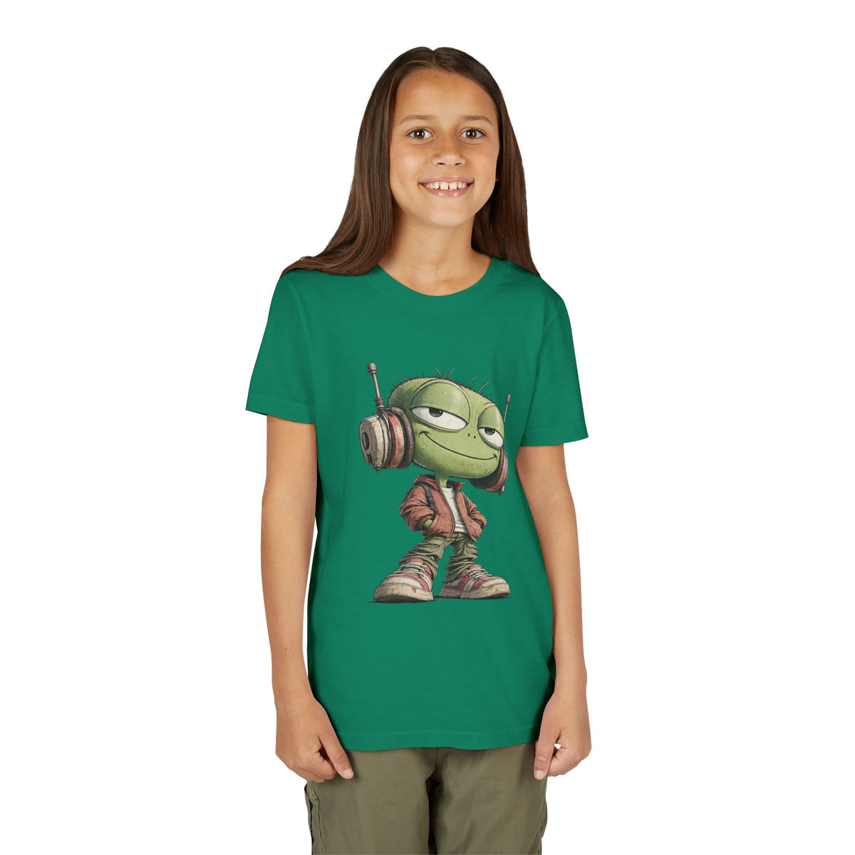 Youth Tee — Cool Green Dude with Headphones Graphic